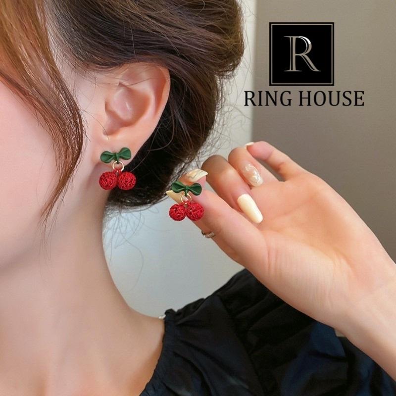 Bông Tai Khuyên Tai Nữ Cherry Đỏ Cuốn Xanh Dễ Thương Xinh