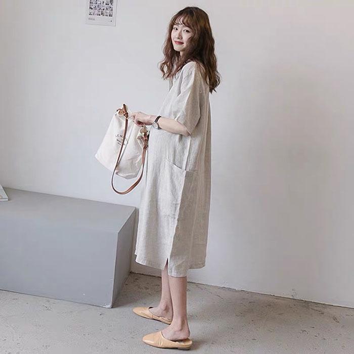 Đầm suông linen form rộng cổ sơ mi 2 túi bên sườn không kén dáng mặc, thời trang phong cách trẻ