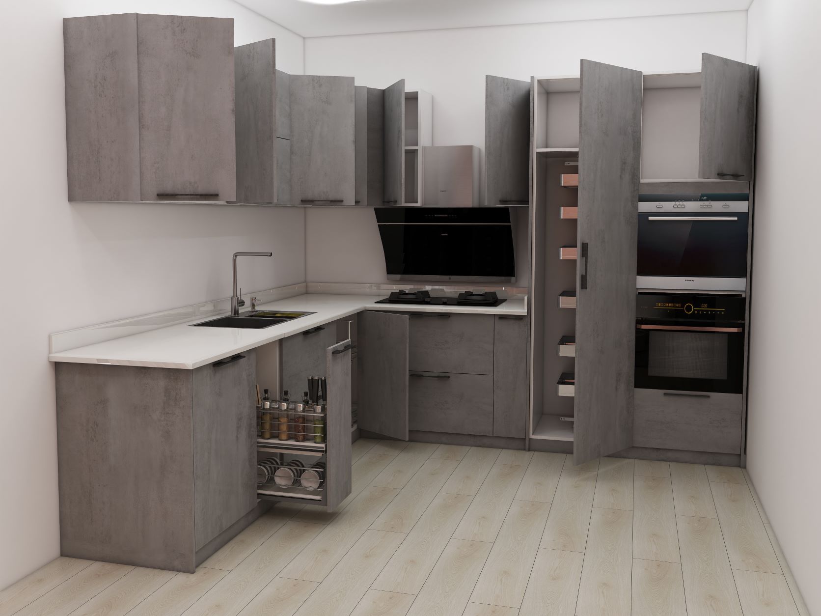 TỦ BẾP DƯỚI GỖ AN CƯỜNG PHỦ MELAMINE KẾT HỢP MẶT TỦ ĐÁ THẠCH ANH VICOSTONE ĐÃ LẮP FULL PHỤ KIỆN HIGOLD