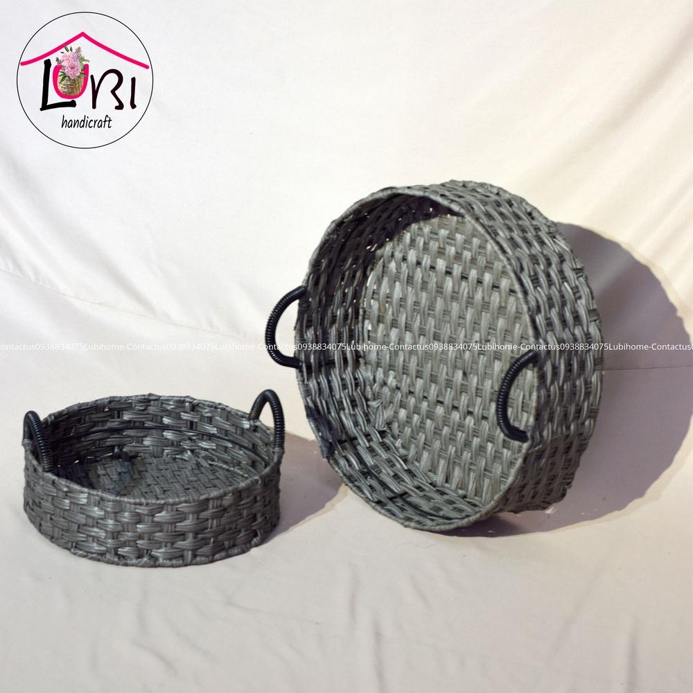 Lubihandicraft - Khay tròn đựng đồ đan dây nhựa quai cầm đen - xinh xắn