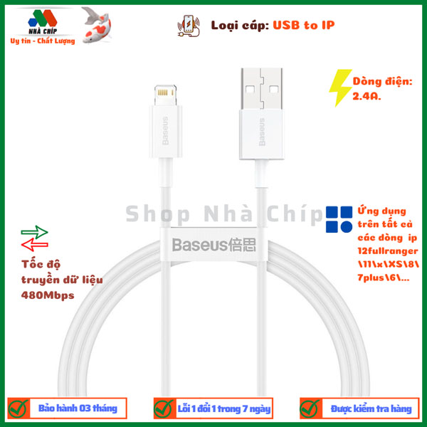Cáp sạc cho iPhone/ iPad Baseus Superior Series Fast Charging Data Cable USB to iP (2.4A, 480Mbps, Fast charge, ABS/ TPE Cable)- Hàng chính hãng