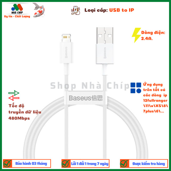 Cáp sạc cho iPhone/ iPad Baseus Superior Series Fast Charging Data Cable USB to iP (2.4A, 480Mbps, Fast charge, ABS/ TPE Cable)