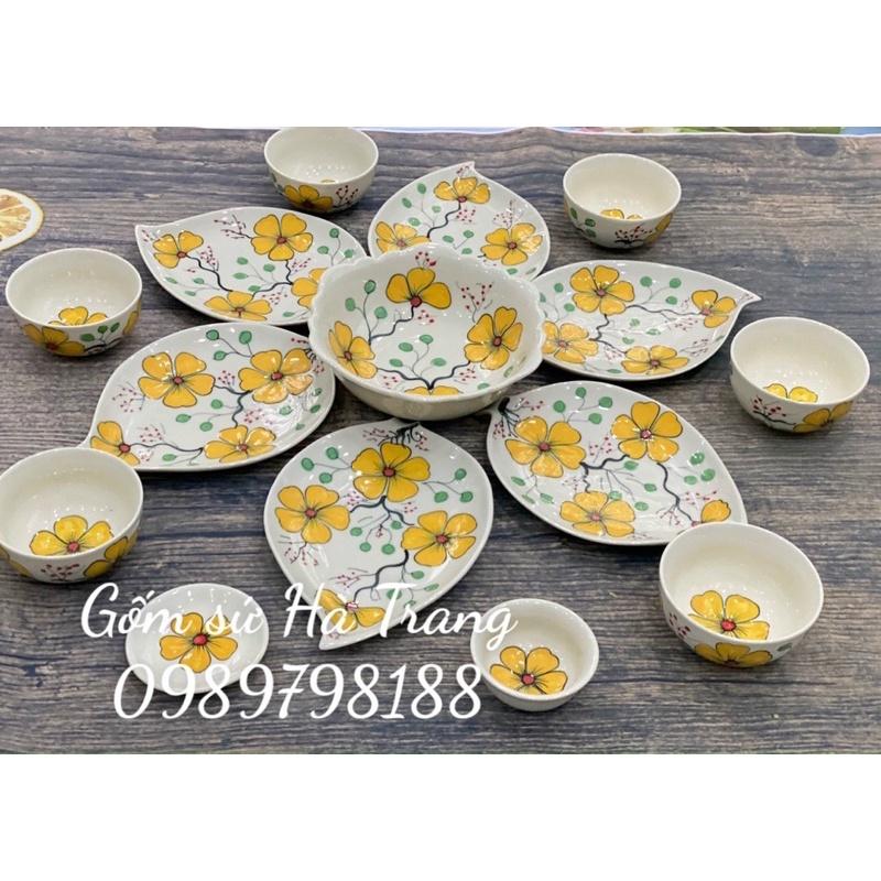 Bộ bát đĩa gốm sứ Bát Tràng cao cấp không chì hoa 6 cánh vẽ hoa vàng