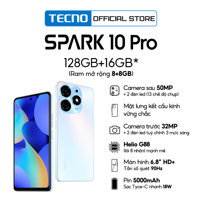 Điện thoại Tecno SPARK 10 Pro 8GB/128GB - Helio G88 | 5000 mAh | Sạc nhanh 18W | Cảm ứng vân tay - Hàng chính hãng