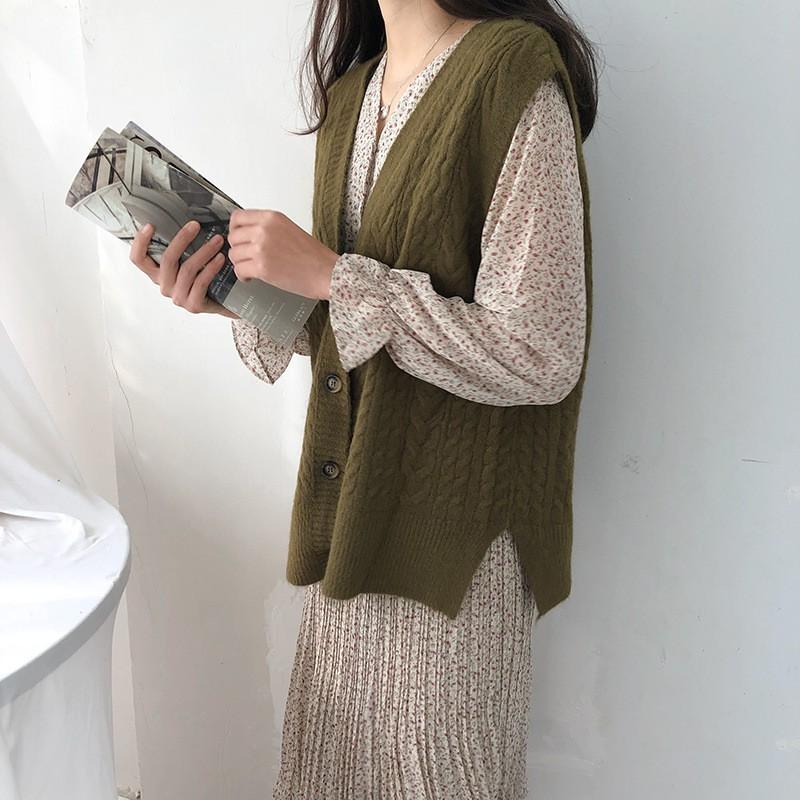 Gile Len | Áo Gile Len Dệt Kim Cổ V Dáng Rộng Ulzzang Kiểu Dáng Trẻ Trung, Hàng Quảng Châu