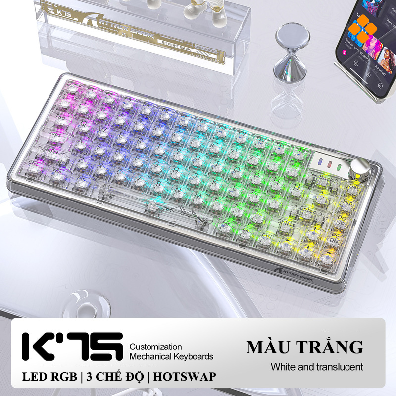 Bàn phím cơ ATTACK SHARK K75RGB thiết kế mini 81 phím hotswap có nút vặn đa phương tiện kèm theo 18 chế độ led RGB - Hàng Chính Hãng