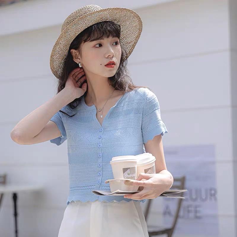 Áo croptop dệt kim len mongtoghi nữ tay ngắn kiểu cổ V thời trang hàng đẹp Quảng Châu cao cấp trẻ trung