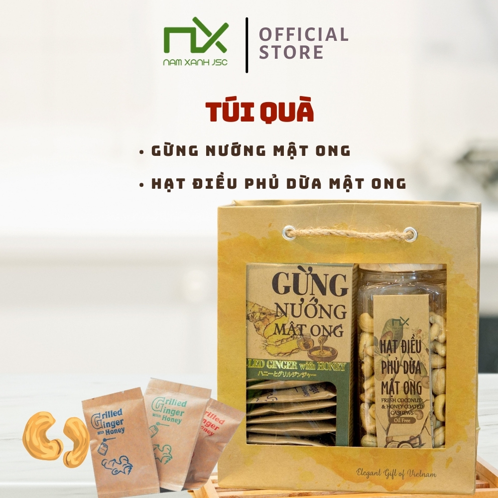 TÚI QUÀ GỒM GỪNG NƯỚNG MẬT ONG 80G/ 110G VÀ HẠT ĐIỀU PHỦ DỪA MẬT ONG 230G/ 280G NAM XANH