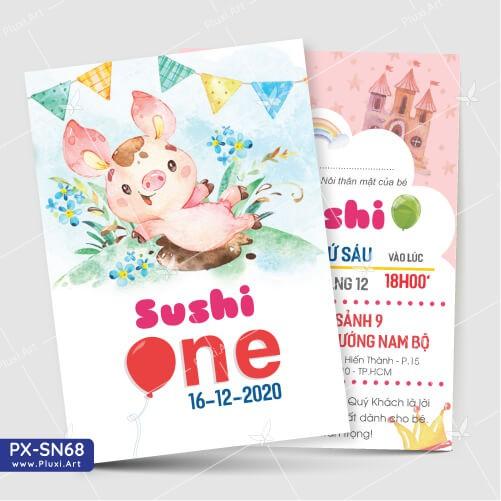 Thiệp thôi nôi – sinh nhật Pluxi in hình bé, thiết kế theo yêu cầu