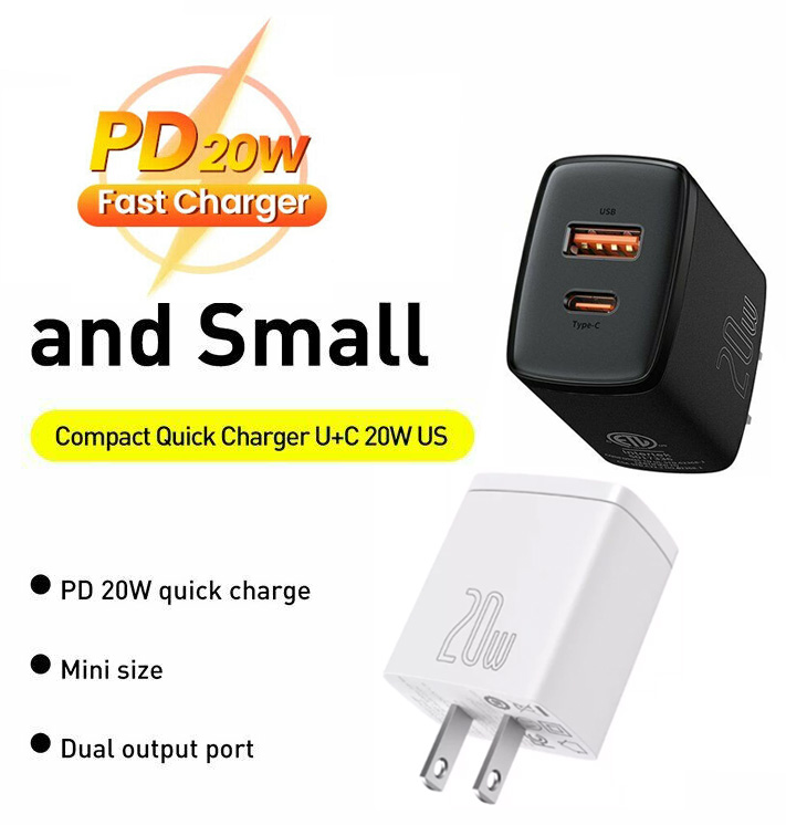 Hình ảnh Củ sạc nhanh PD 20W Baseus Compact Quick Charger chuôi dẹt 1 cổng Usb và Type-C - Hàng chính hãng