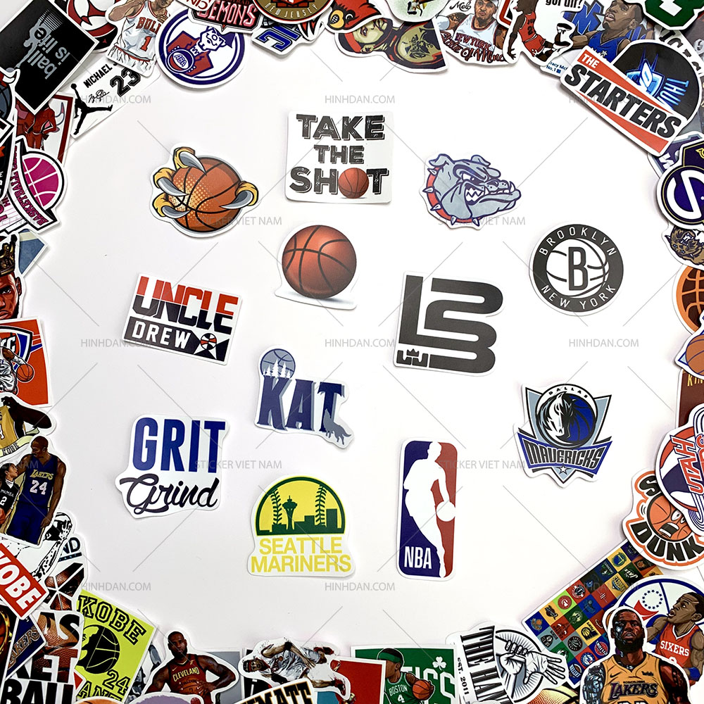 Sticker NBA Bóng Rổ - Chất Liệu PVC Chất Lượng Cao Chống Nước - Kích Thước 4-8cm