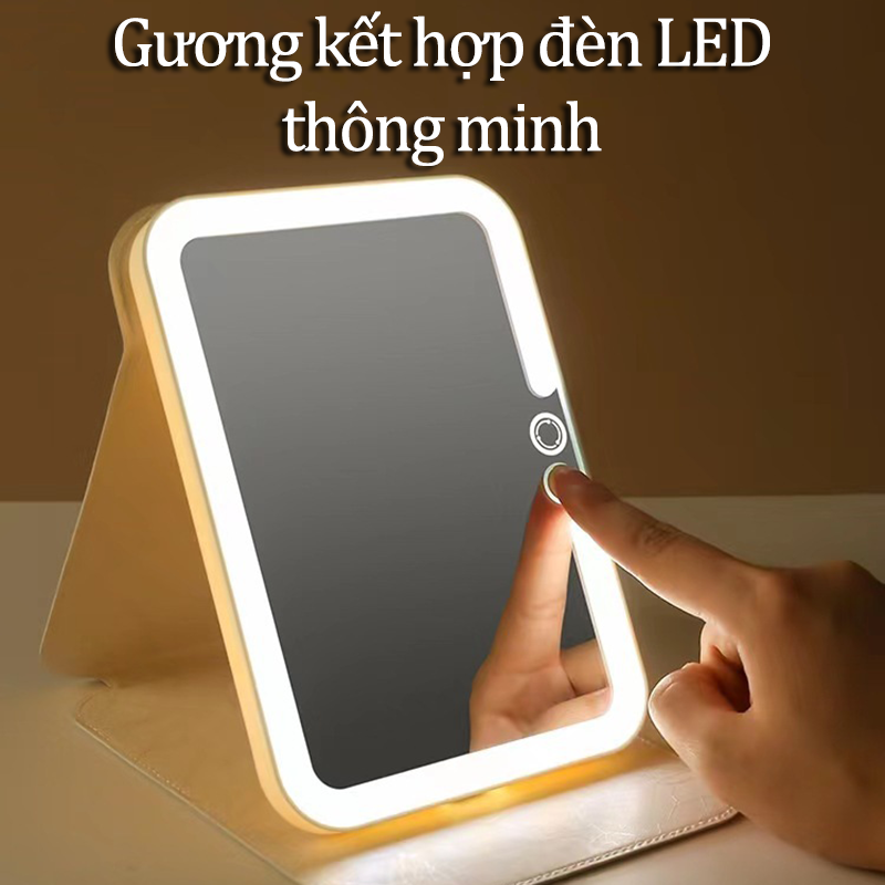 Gương Trang Điểm Để Bàn Có Đèn Led Hình Chữ Nhật Cảm Ứng Ba Chế Độ Chỉnh Được Độ Sáng Gương Bàn Trang Điểm Mini Cao Cấp Có Bao Da Chống Trượt Kiêm Gương Decor Pin Khỏe Nhiều Size Lựa Chọn