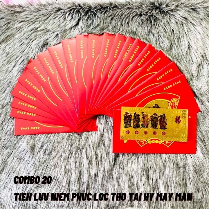 Combo 20 tờ lì xì Phúc Lộc Thọ Tài Hỷ màu vàng may mắn, chất liệu nhựa plastic, dùng để treo trong nhà, trên cây hoa mai, làm tiền lì xì, mừng tuổi, quà biếu tặng dịp Lễ Tết đầy may mắn và ý nghĩa - TMT Collection - SP005145