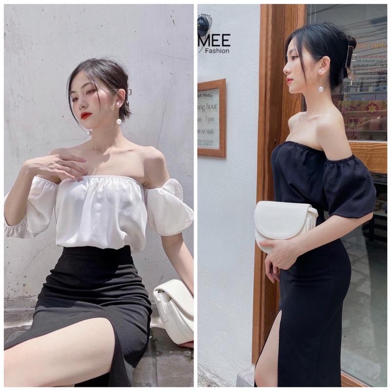 Set váy thiết kế Simee áo trễ vai mix chân váy xẻ tà