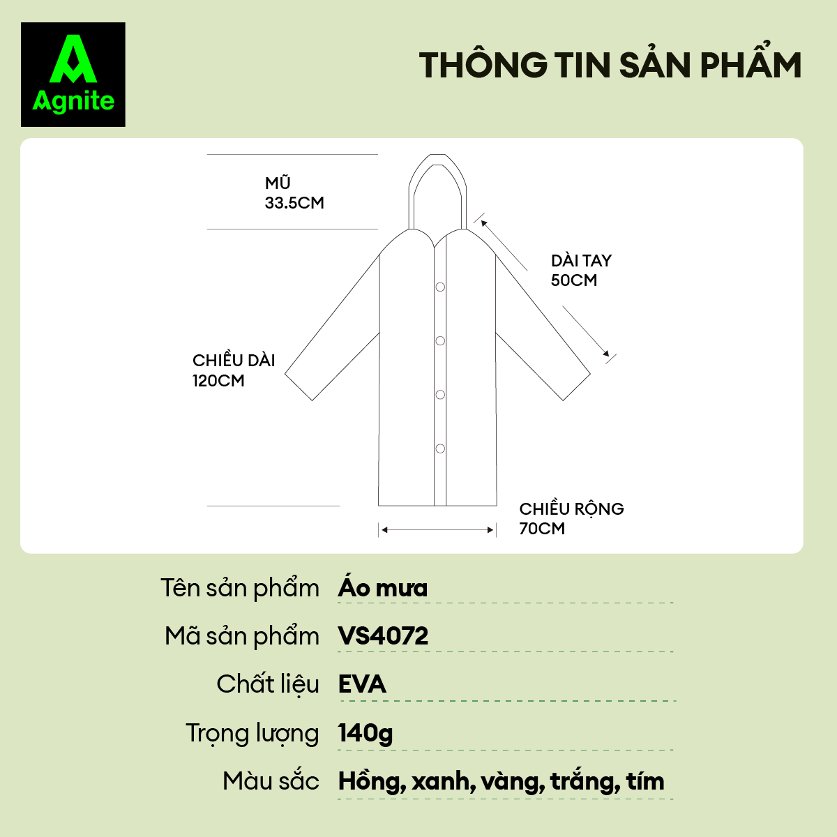 Áo mưa đơn trong suốt Agnite chất liệu EVA dày dặn chống thấm nước - nhiều màu - thiết kế thời trang - VS4071/VS4072