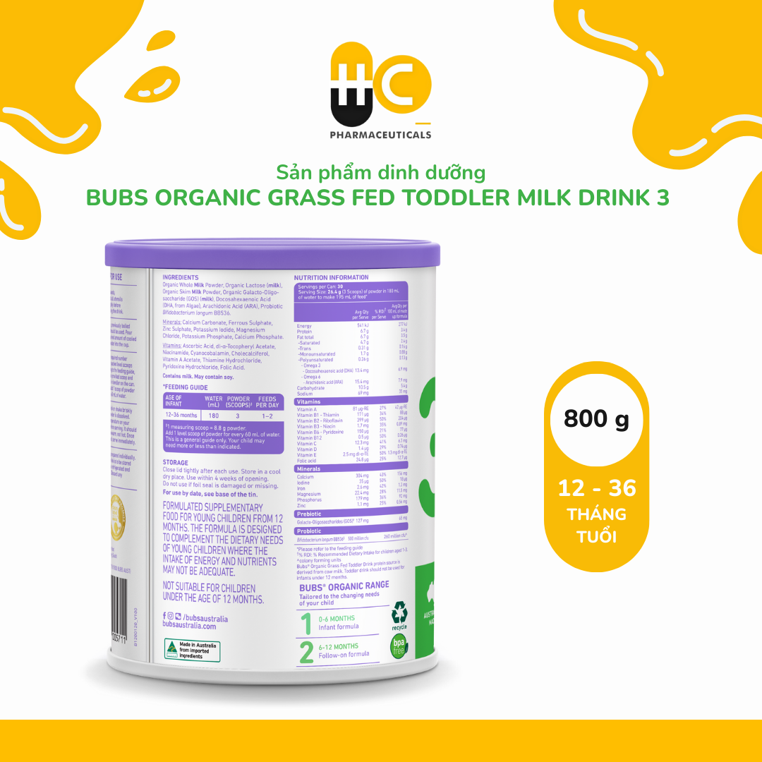 Sản phẩm dinh dưỡng công thức hữu cơ Bubs Organic Grass Fed Toddler Milk Drink 3 (12–36 tháng tuổi) – 800g