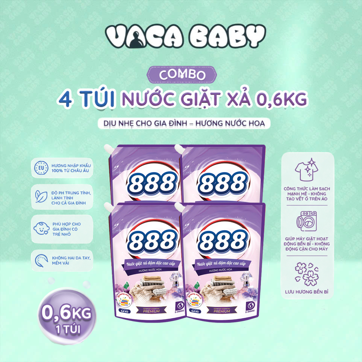 Combo 4 Túi Nước Giặt xả 888 Hương Nước Hoa Cao Cấp 0.6 kg/Túi