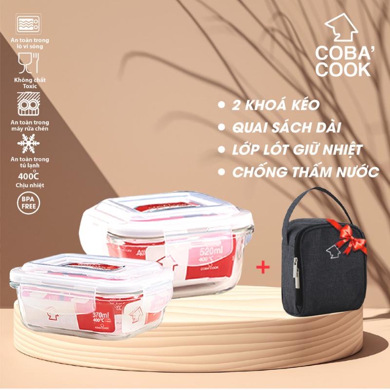 Hộp đựng cơm thủy tinh chịu nhiệt COBA'COOK 1 hộp 520ml và 1 hộp 370ml TẶNG 1 túi giữ nhiệt vuông - CCS5L32BS