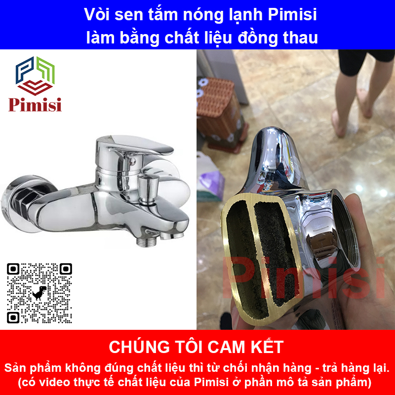 Sen Tắm Nóng Lạnh Pimisi PS-203C Đồng Thau Mạ Crom - Niken Sáng Bóng, Đủ Phụ Kiện Vòi Hoa Sen Tăng Áp Nhẹ - Dây Sen Tắm Inox - Chân Chữ Z - Cài Tay Bát Sen, Điều Chỉnh Nước Bằng Củ Gật Gù Gắn Tường Nhà Tắm | Hàng Chính Hãng