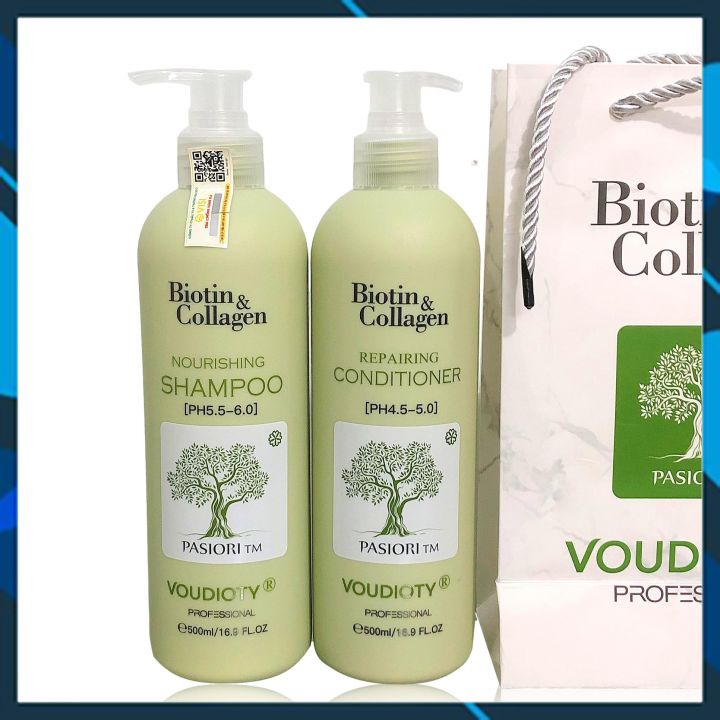 DẦU GỘI VOUDIOTY NOURISHING BIOTIN &amp; COLLAGEN XANH LÁ NEW 2022 NGĂN GÃY RỤNG CHO TÓC DẦU NHỜN 500ML (CHAI BÉ)