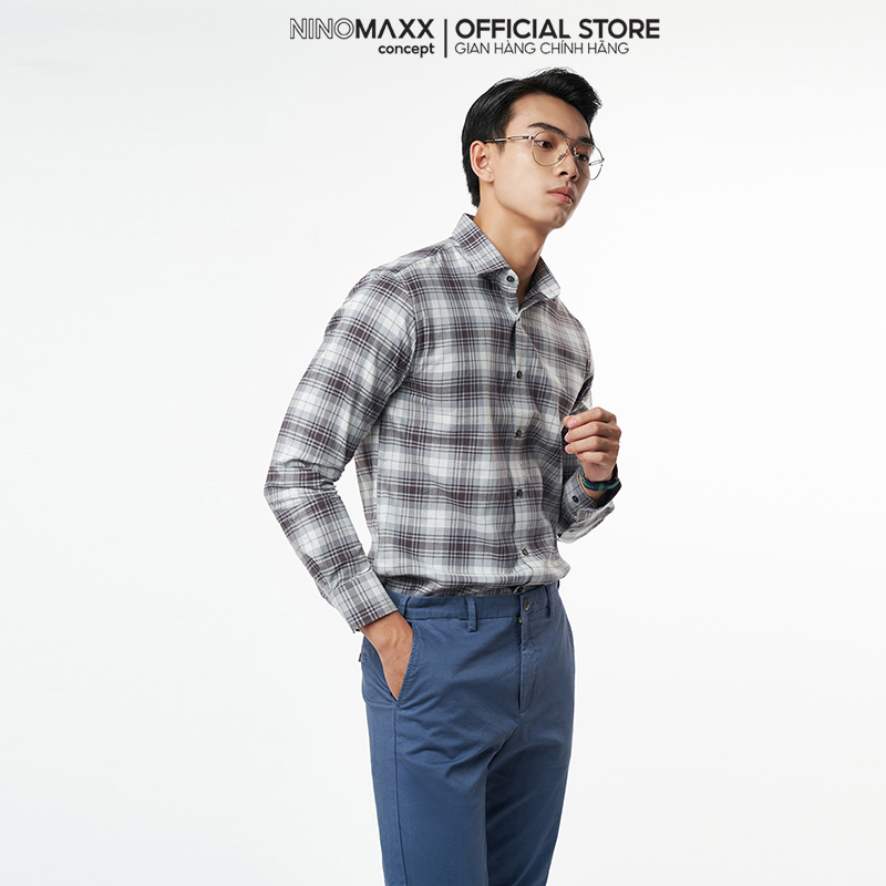 N&amp;M Áo sơ mi caro Nam tay dài chất cotton form slim fit 2110034