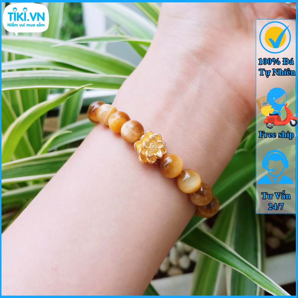 Vòng tay phong thủy nam nữ - Vòng đá mắt hổ vàng nhạt hoa sen vàng - Vòng phong thủy cho người mệnh thổ