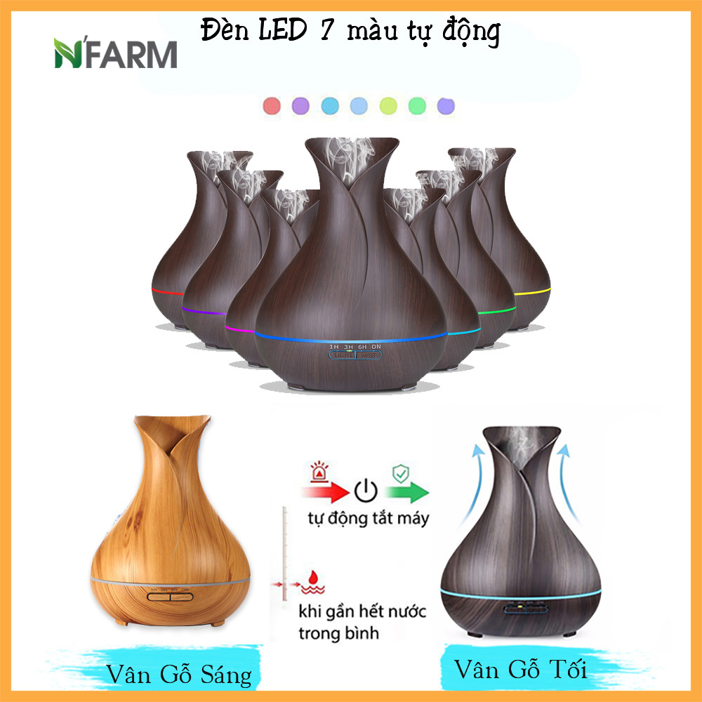 Combo máy khuếch tán, máy xông tinh dầu NFarm hình bình hoa + tinh dầu cam hương N'Farm (10ml)/ Phun sương sóng siêu âm/ Có remote điều khiển