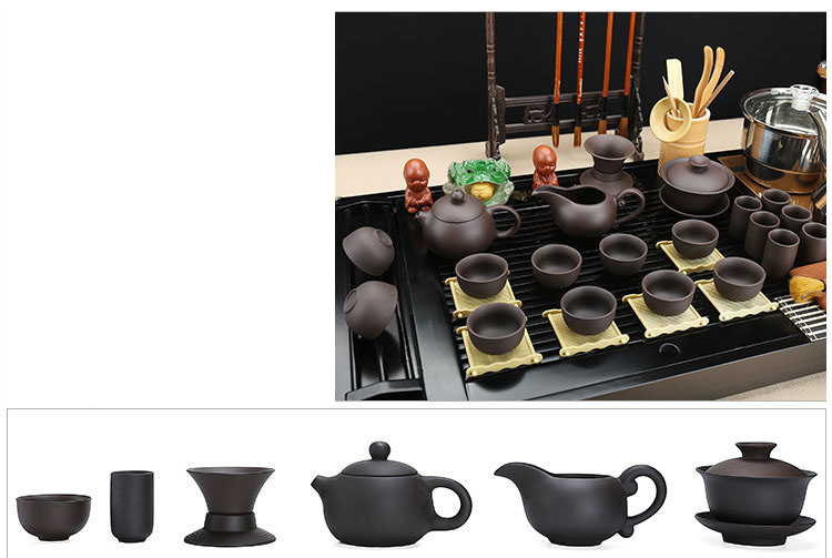 [Còn hàng] Bàn trà điện thông minh giá rẻ mẫu gỗ sồi sơn PU đen - Gồm đầy đủ bàn, bộ bếp pha trà, cùng ấm chén màu nâu đất.