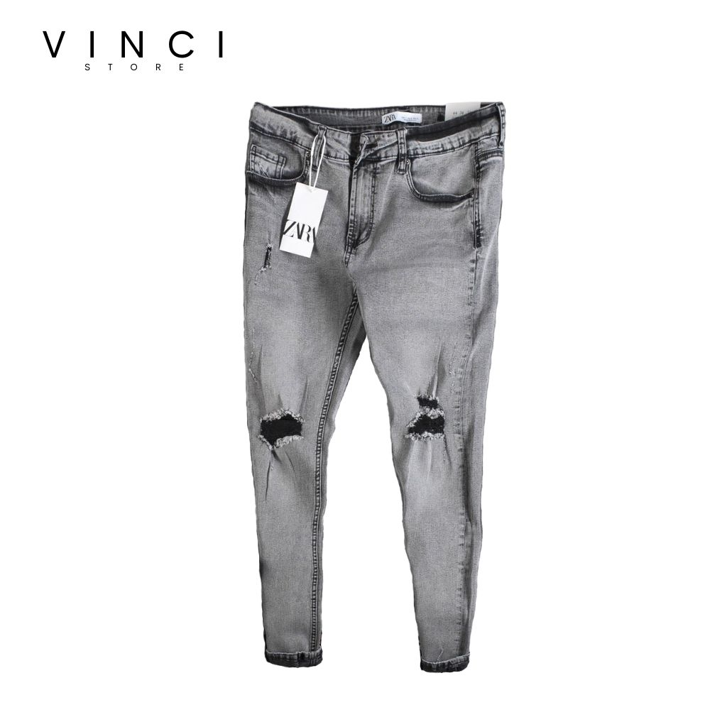 Quần Jean Nam ZR Xám Rách Skinny Ống Ôm Vnxk Co Dãn