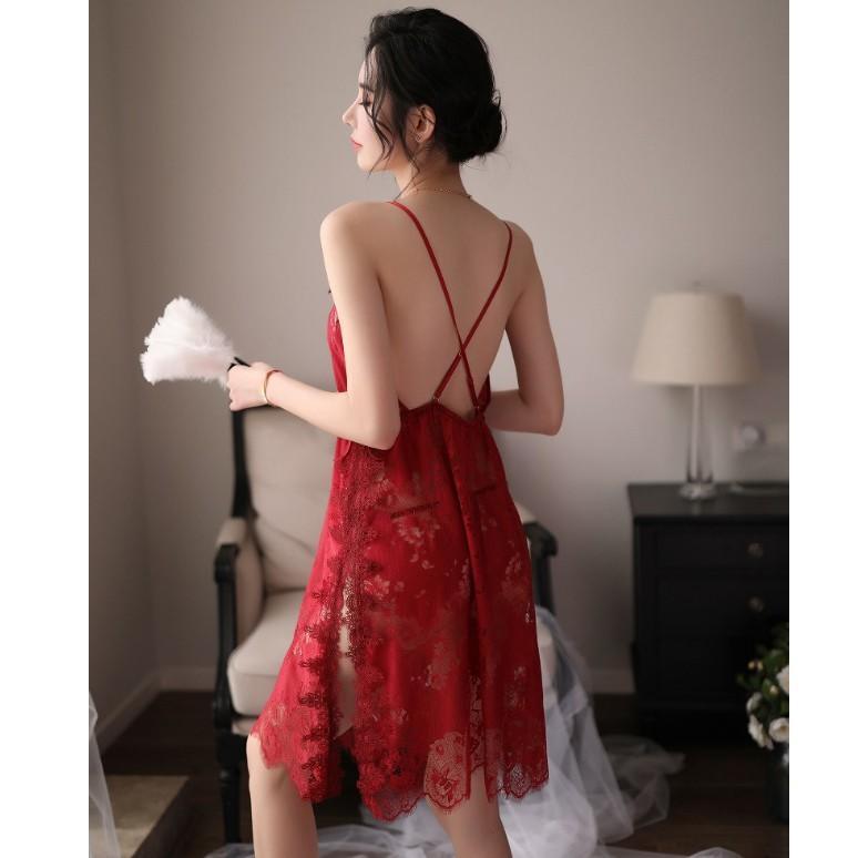 Đầm ngủ hai dây phối ren Sexy Girl - Đỏ