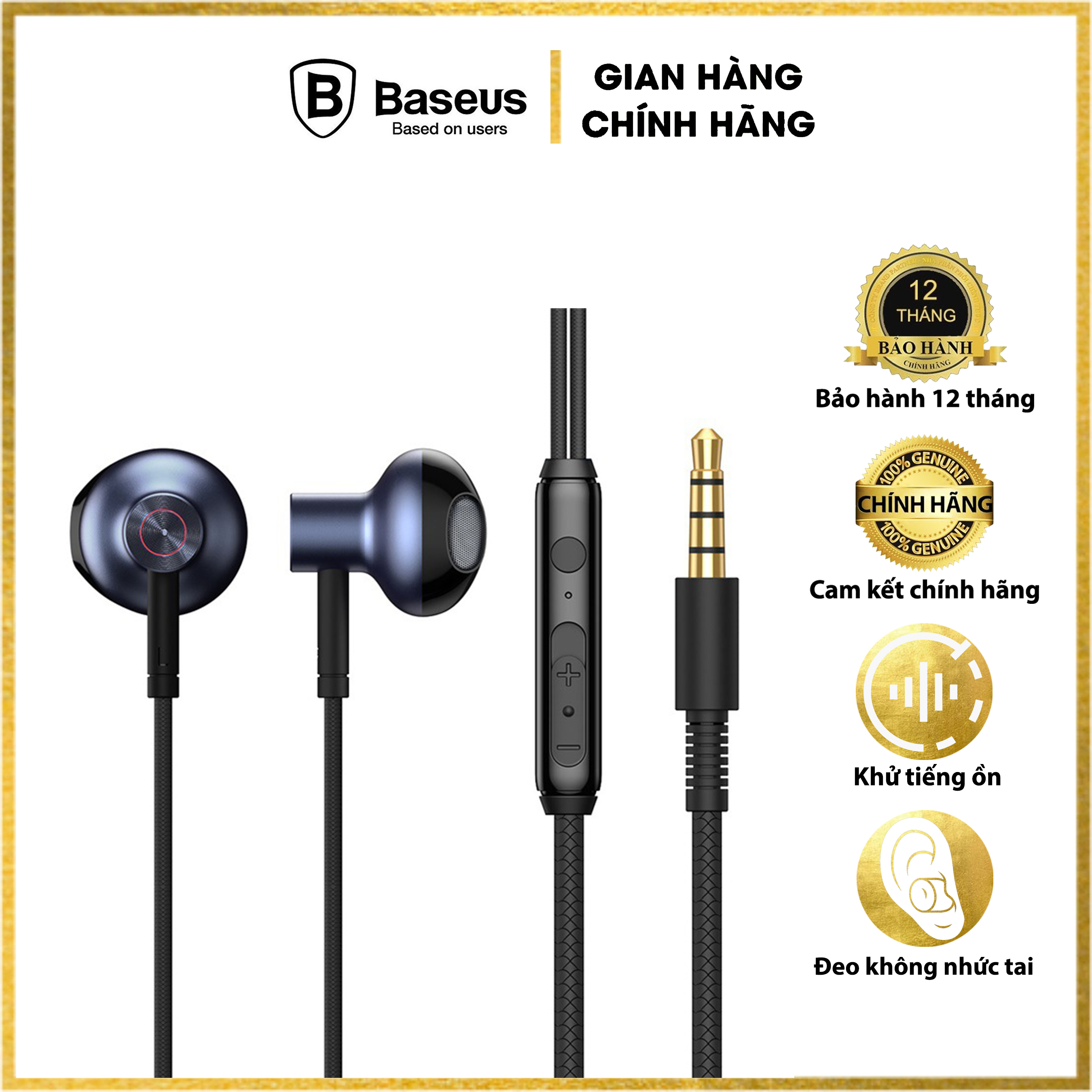 Tai nghe AUX 3.5mm Baseus Encok H19 Wired Earphone - Âm thanh sông động - chống ồn tốt - Tích hợp ECM microphone - Hàng chính hãng