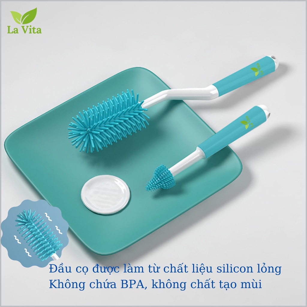 Cọ rửa bình sữa silicon La Vita cao cấp 3 chi tiết 1 cây cọ bình và 1 cây cọ núm ti tay cầm xoay 360 độ