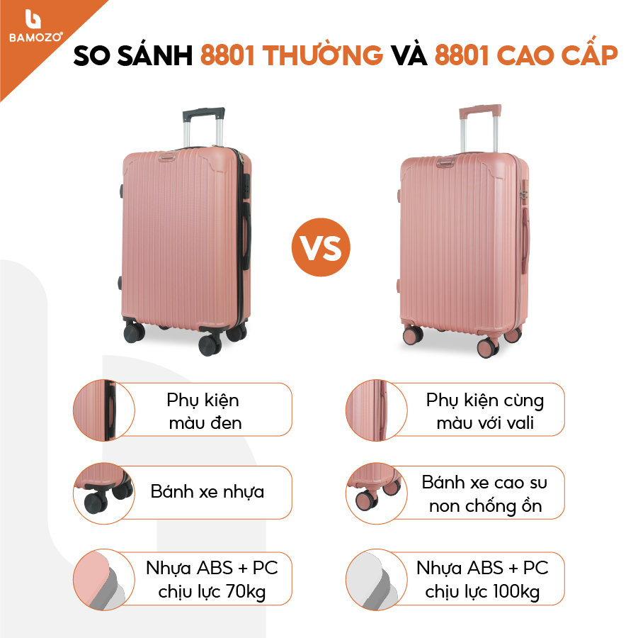 Vali du lịch BAMOZO 8801 MÀU BẠC size 20/24, vali kéo nhựa được bảo hành 5 năm.