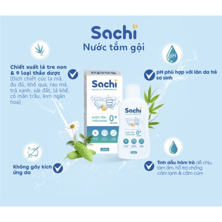 Nước Tắm Gội Thảo Dược SACHI /Chai 250ml - Phòng Ho Cảm, Rôm Sẩy, Ngừa Muỗi, Dịu Mát Da cho Bé