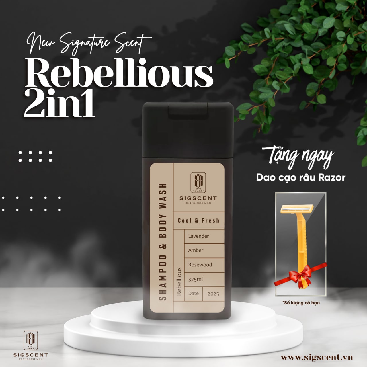 Sữa tắm dầu gội cho nam hương nước hoa 375ml Rebellious thương hiệu SIGSCENT