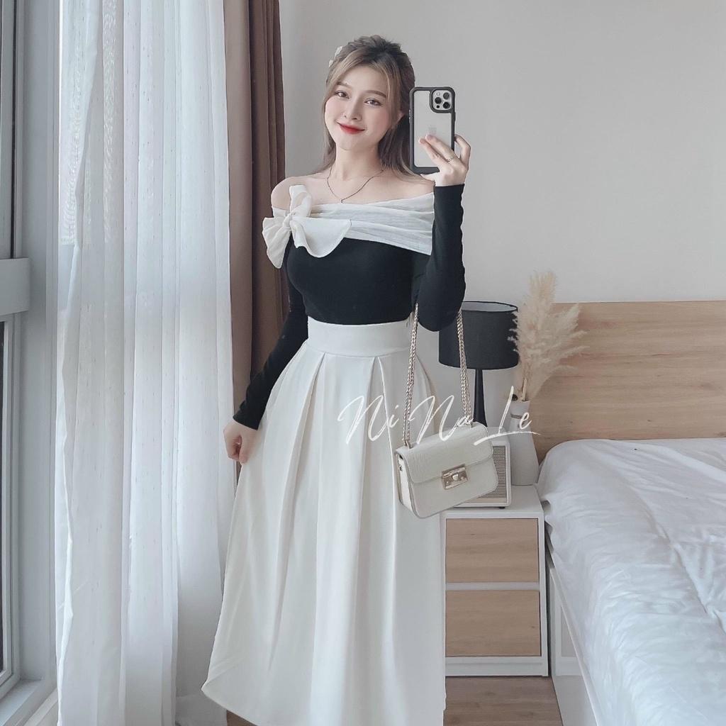 FREE SHIP váy áo tay dài phối nơ trên vai cực xinh kèm chân váy dáng xòe xếp ly tôn dáng sang chảnh KIM GIA DS
