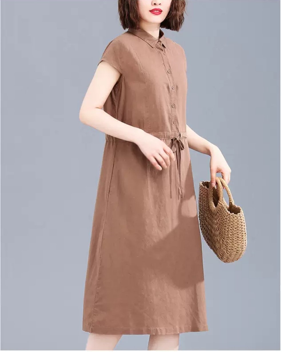 Đầm Nữ Form Suông Linen Cổ Sơ Mi Basic Tay ngắn Thoáng Mát HB70