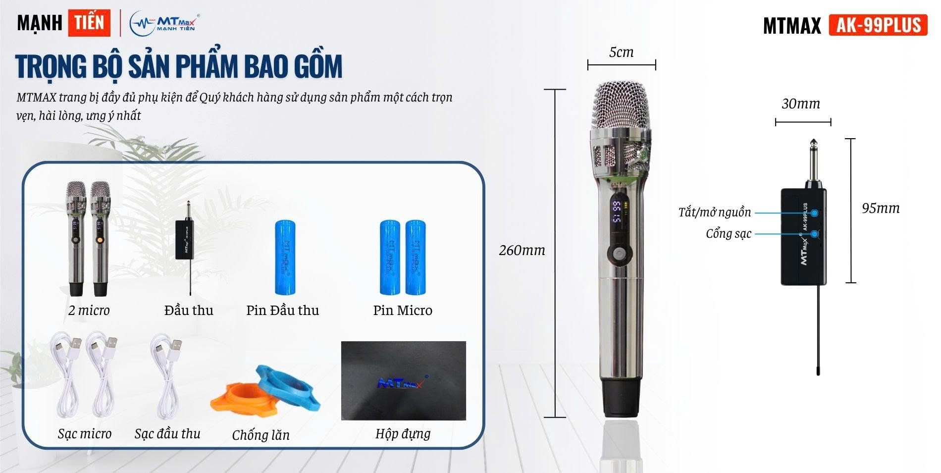 Micro MTMAX AK99 Plus Cho Dàn Karaoke, Loa Kéo, Amply Cao Cấp Chính Hãng, Củ Micro Cao Cấp Set Tần Số, Chỉnh Âm Lượng Ngay Thân Mic Hàng Nhập Khẩu