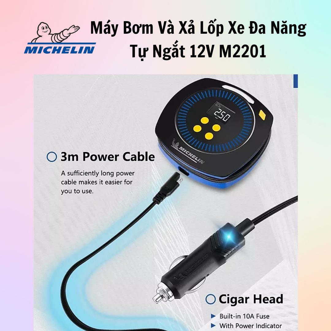 Máy Bơm Và Xả Lốp Xe Đa Năng Tự Ngắt 12V Michelin M2201 - Hàng Chính Hãng - Có Đèn Led Lớn, Cài Đặt Sẵn Chế Độ, Dễ Thao Tác Sử Dụng, Gọn Nhẹ