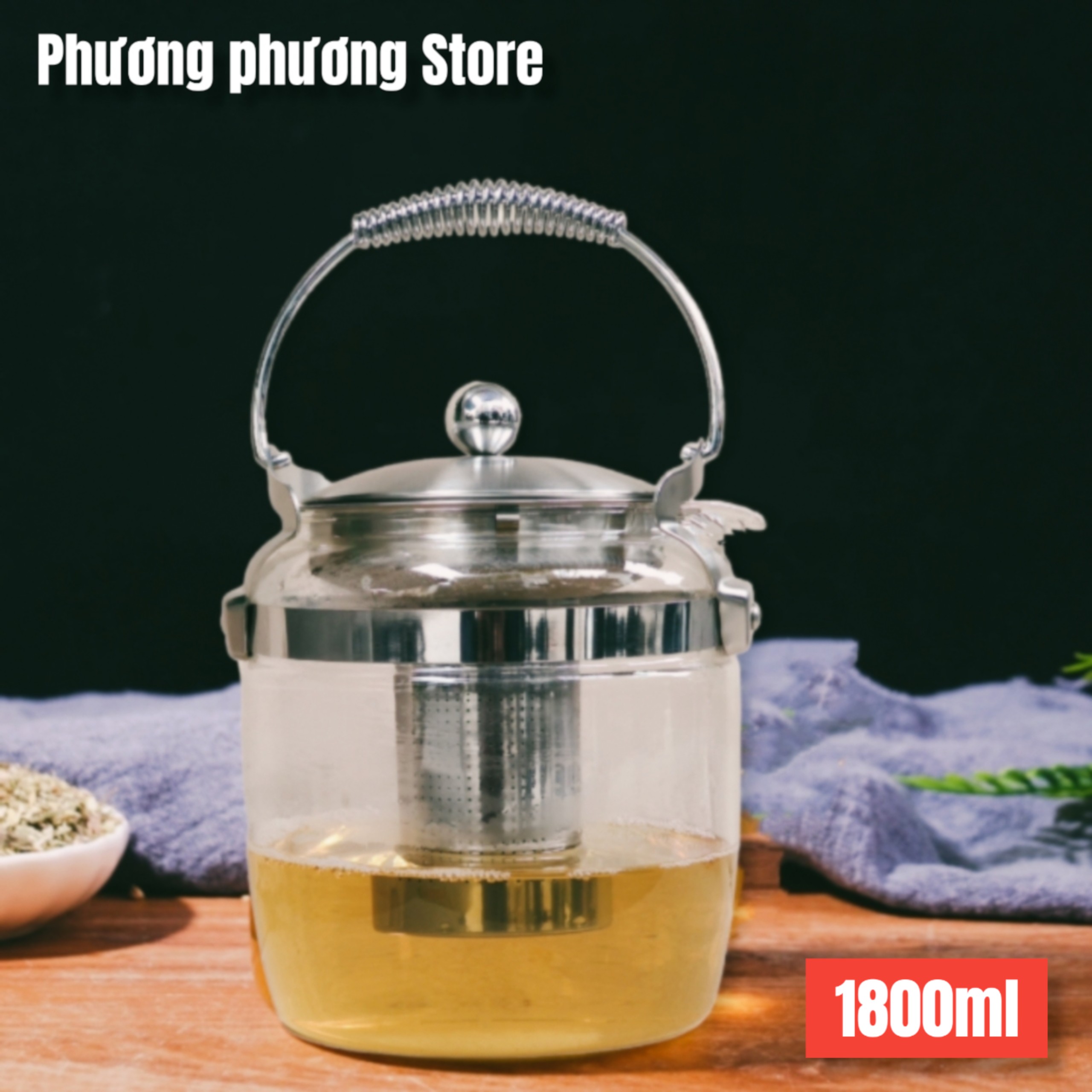BÌNH TRÀ ẤM PHA TRÀ CAFFE THỦY TINH CHỊU NHIỆT QUAI SÁCH LÕI LỌC INOX 304 - 1800ML