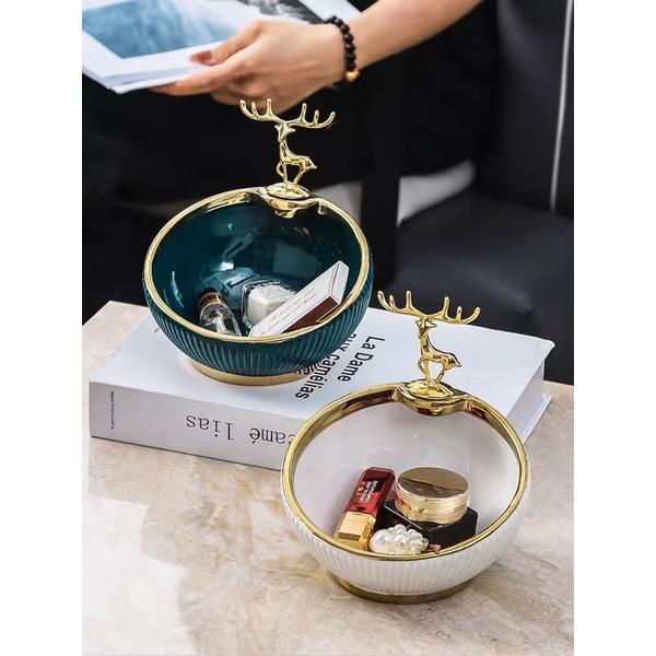 BÁT SỨ HÌNH HƯƠU ĐỰNG KẸO VÂN SỌC MẠ VÀNG DECOR CAO CẤP