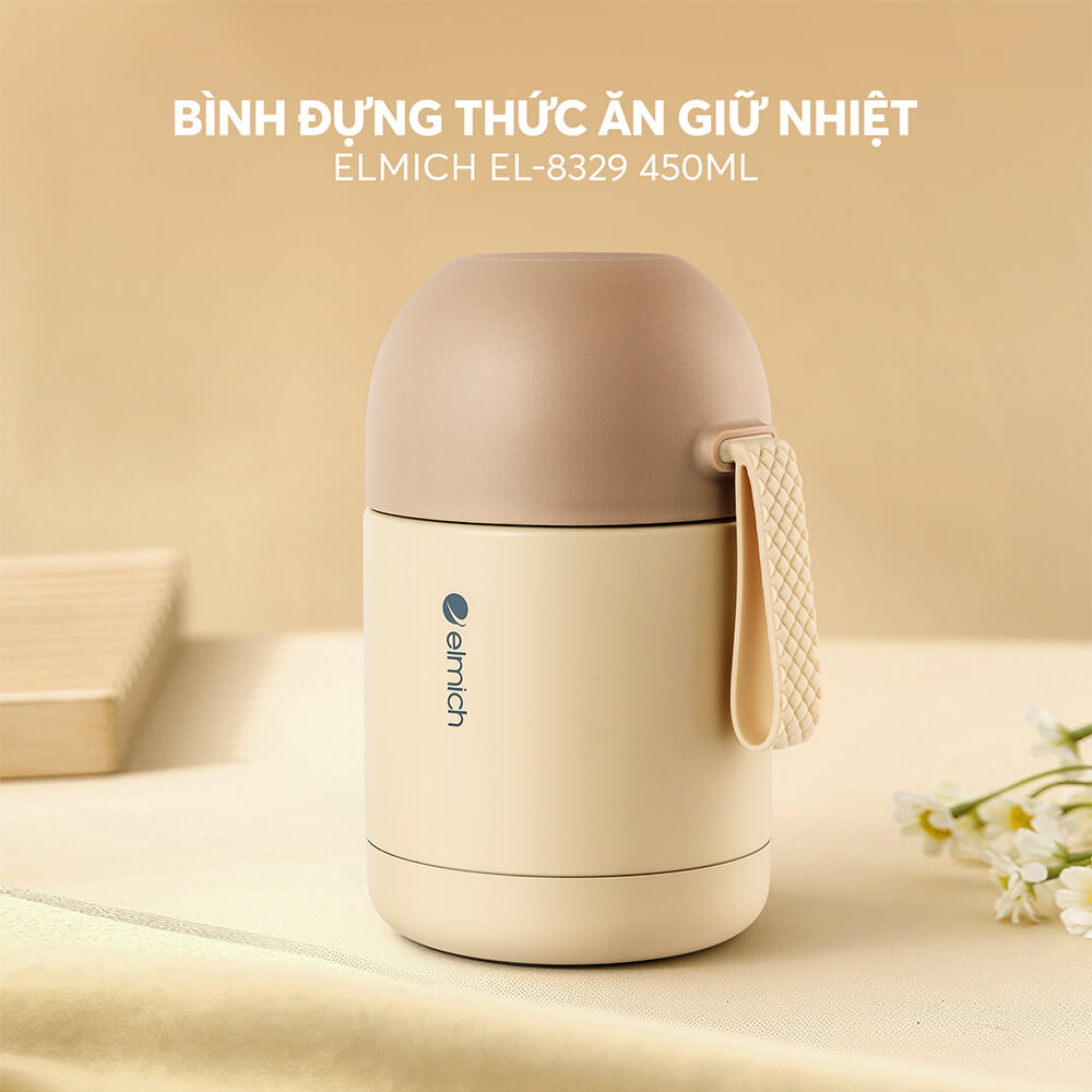 Bình đựng thức ăn giữ nhiệt inox 304 Elmich EL8301 450ml,Hàng chính hãng, nắp phụ đi kèm thìa, dây xách silicone JoyMall