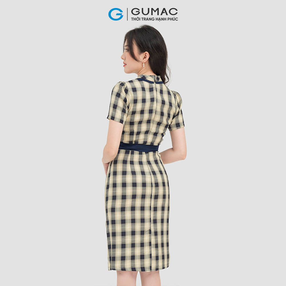 Đầm dáng ôm nữ GUMAC DC07018,sọc ca rô cổ vest phối nơ sang trọng