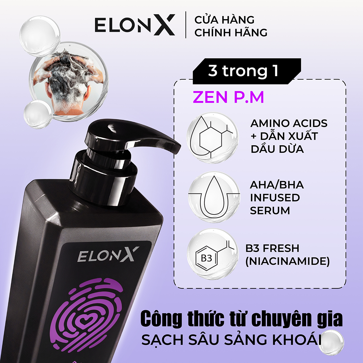 Dầu gội ELONX ZEN P.M dầu gội 3 in 1 nam dầu gội hương nước hoa dầu gội đầu nam thơm lâu sữa tắm gội (tối - 680gr)