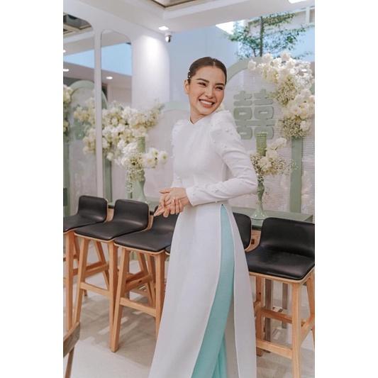 Áo dài trắng tay phồng kết chuỗi Jolie phương trinh-quý bình