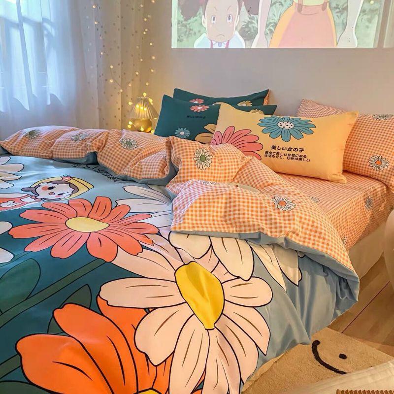 Bộ Chăn Ga Gối Hoa Cúc Cô Bé Cotton Poly