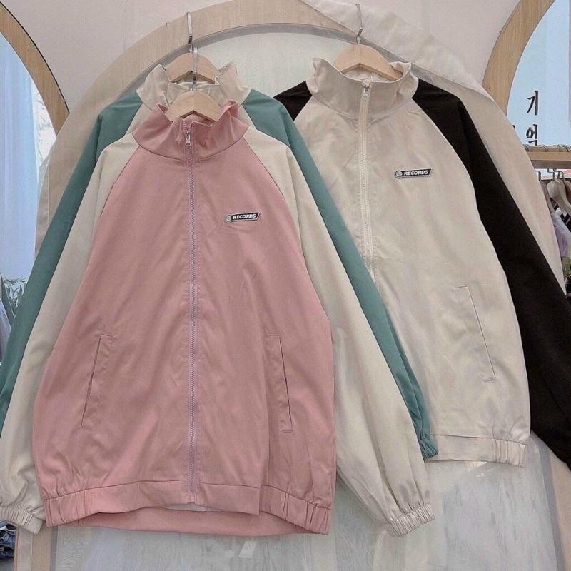 Áo Khoác Dù Records Logo Thời Trang Ulzzang Unisex, Áo Khoác Bomber Nam Nữ Chất DÙ Cúc Bấm Phối Tay Chữ Sau In Chữ Phong Cách Cá Tính Học Đường