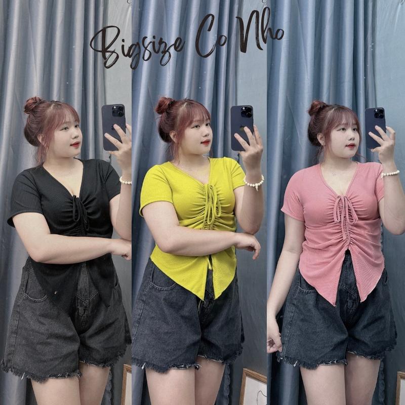 Áo thun croptop bigsize nữ tà nhọn cổ rút dây ở giữa tôn vòng một, Áo phông phom rộng chất gân tăm BIGSIZE CÔ NHỎ - G42