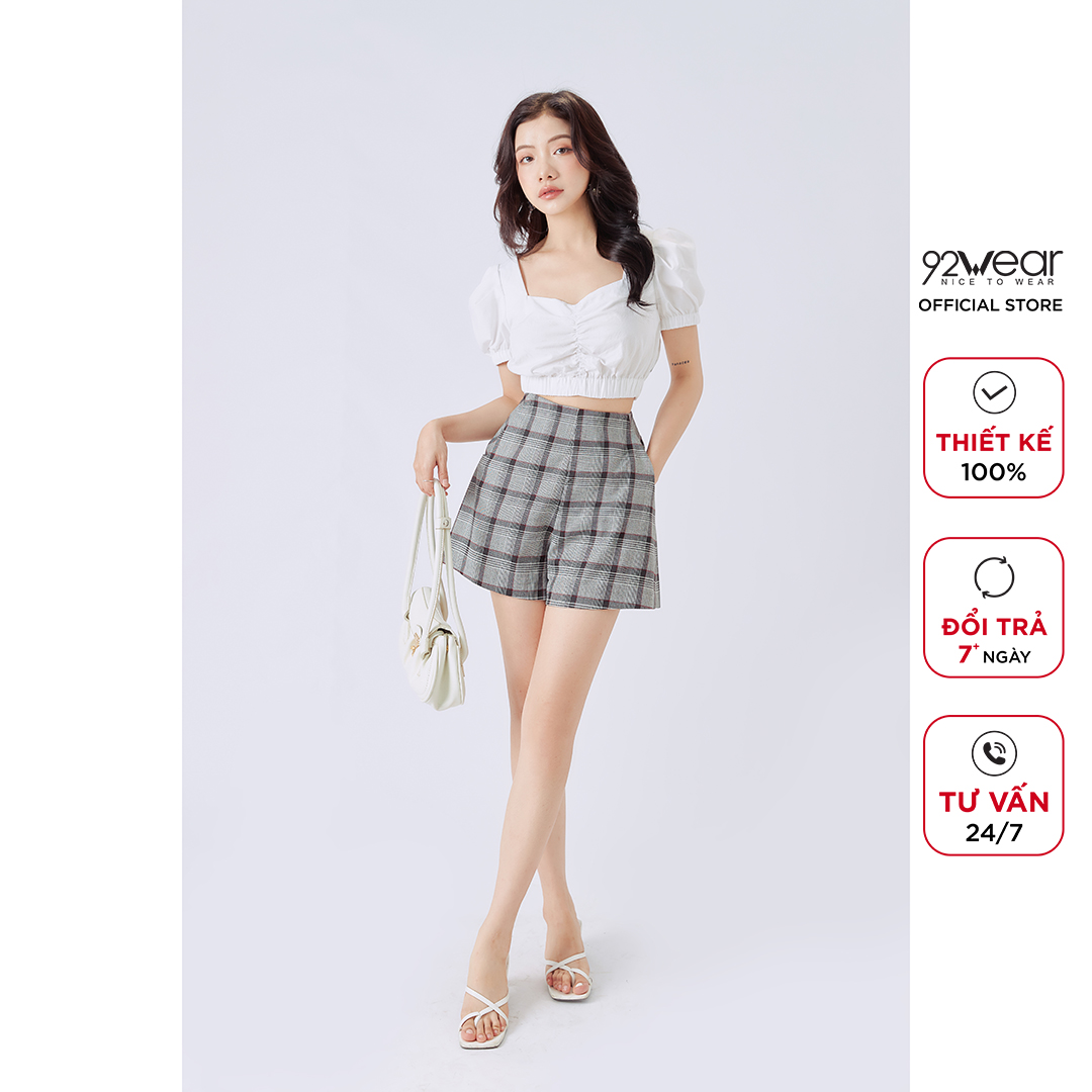 Áo sơ mi nữ ngắn tay 92WEAR kiểu dáng croptop chun eo tay bồng cá tính, tôn vòng 2 ASW1164