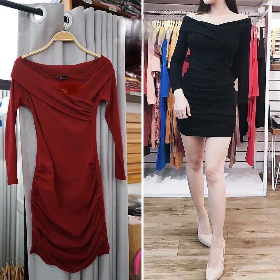 F537 Đầm ôm body dún sườn bẹt vai chéo